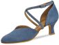 Preview: Dieser aus blauem Velourleder bestehende Tanzschuh hat Keuzriemchen die besonderen Halt und Eleganz bieten.