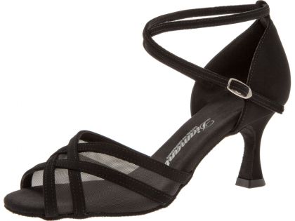 Das  Tanzschuhmodell 035-087-040 ist eine Riemchensandalette mit Mesheinsatz, die einen 6,5cm Flare Absatz hat.