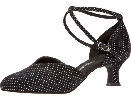 Extravagant, schicker Pumps übersäht von kleinen Hologramm-Glitzer Punkten auf schwarzem Samt. Ebenfalls mit Glitzerpunkten versehene Kreuzriemchen um den Fußknöcheln sorgen für Stabilität.