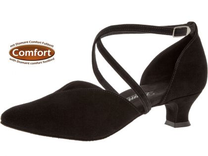 Dieser aus schwarz Velourleder bestehende Tanzschuh hat Keuzriemchen die besonderen Halt und Eleganz bieten.