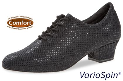 Sehr niedrige, schwarze Schnürschuhe, aus feinem Velourleder, versehen mit Nappalederstücken an Fußspitze, Schnürriemenbereich und Ferse. Sehr bequem durch Comfort-Fußbett und die Fußumschließende Passform. Als Trainerschuh ideal einsetzbar.