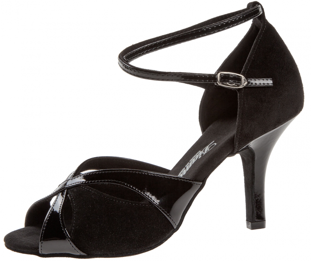 Tanzschuhe Modell 141-058-020 | schwarz Lack Synth./ schwarz Velour |  Sandalette | 7,5cm Absatz | Latein Tango Salsa - Diamant Tanzschuhe