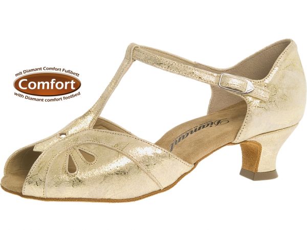 Dieser goldene Tanzschuhe überzeugt durch sein Fussbett und den niedrigen Absatz.