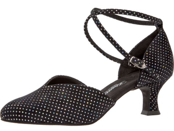Extravagant, schicker Pumps übersäht von kleinen Hologramm-Glitzer Punkten auf schwarzem Samt. Ebenfalls mit Glitzerpunkten versehene Kreuzriemchen um den Fußknöcheln sorgen für Stabilität.