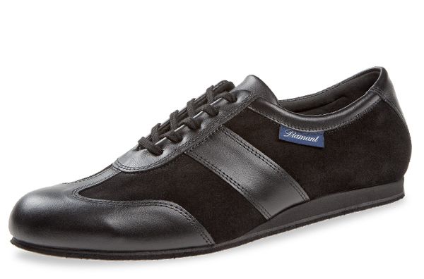 Gemütlicher Tanzsneaker aus schwarzem Velourleder versehen mir weichen Nappalederstücken an Schuhspitze, Schnürriemchenbereich und Ferse.