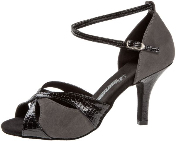 schwarz graue Diamant Tanzschuhe mit einem hohen Absatz. Die Materialkombination wirkt sehr edel.