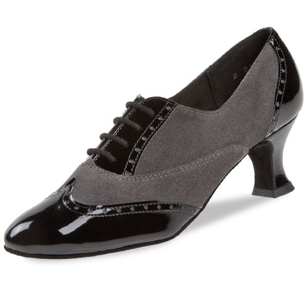Grau-schwarze Schnürschuhe, aus feinem Velourleder, versehen mit Nappalederstücken an Fußspitze, Schnürriemenbereich und Ferse. Als Trainerschuh ideal einsetzbar.