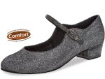 Dieser aus Brokat gefertigte Tanzschuhe hat einen Blockabsatz. Das Fußbett und die niedrige Absatzhöhe tragen dazu bei, dass der Tanzschuh besonders bequem ist.