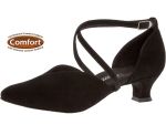 Dieser aus schwarz Velourleder bestehende Tanzschuh hat Keuzriemchen die besonderen Halt und Eleganz bieten.