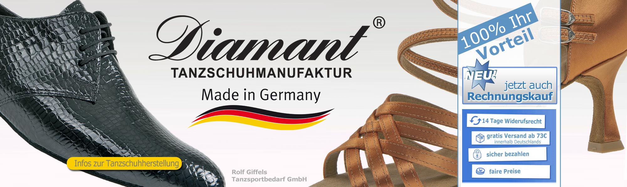 Diamant Tanzschuhe zu günstigen Konditionen. Wir versenden unsere Tanzschuhe portofrei.